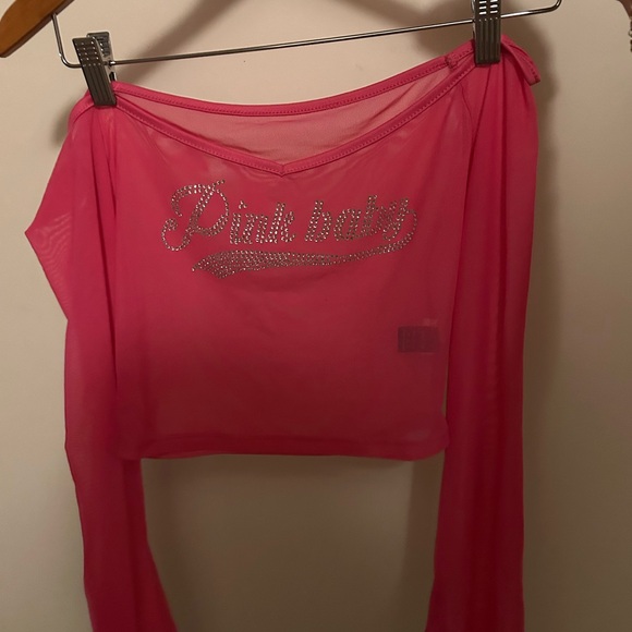 Tops - Pink Sheer Off-the-shoulder Long Sleeve Top
